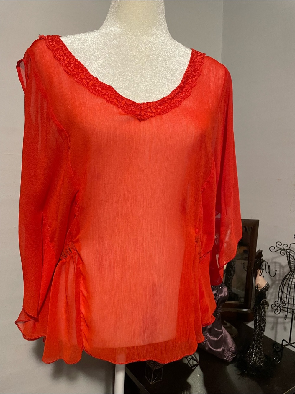 Feminine Sheer Red V-Neck Women's Top